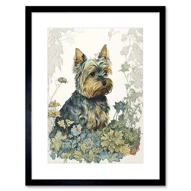 "Yorkshire Terrier Dog Wildflowers Watercolour 9x7"" Black Framed Wall Art Print"