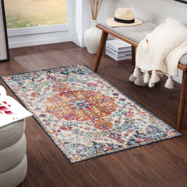 LIVABLISS Harput-Vintage Traditional Boho Rug 80 x 150 cm Blue Orange Yellow Grey