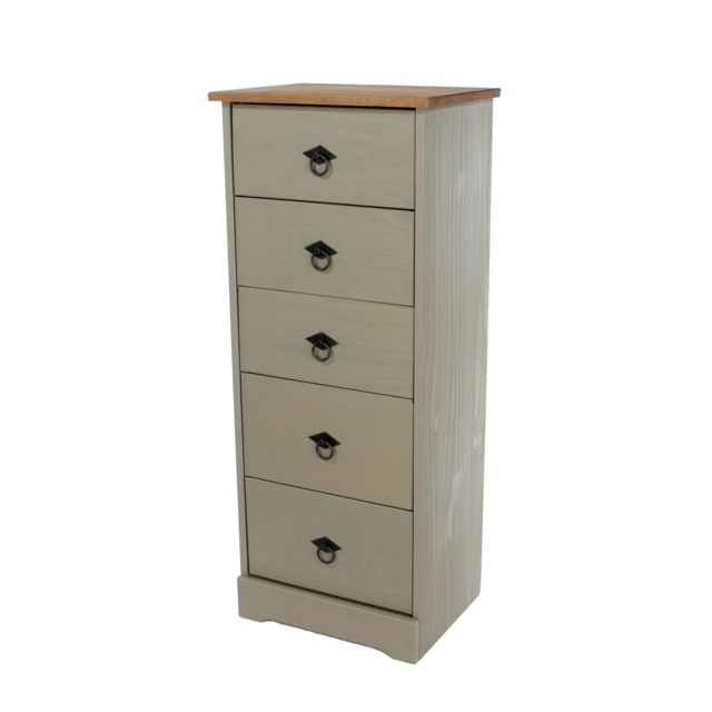 Corona Classic 5 Drawer Narrow Chest of Drawers - Grey Washed Solid Wood Bedroom Storage with Gunmetal Handles
