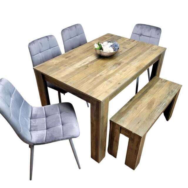 Wooden Dining Table Set for 6 Rustic Effect Table With 4 Grey Velvet Chairs and 1 Bench