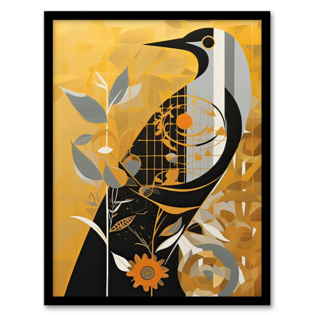 Cuckoo Clock Abstract Geometric Gold Grey Black Framed Wall Art Print A4