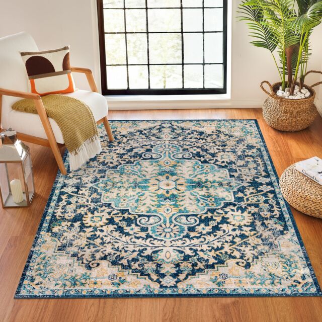 LIVABLISS Murat-Vintage Traditional Boho Rug 160 x 220 cm Blue Yellow Grey