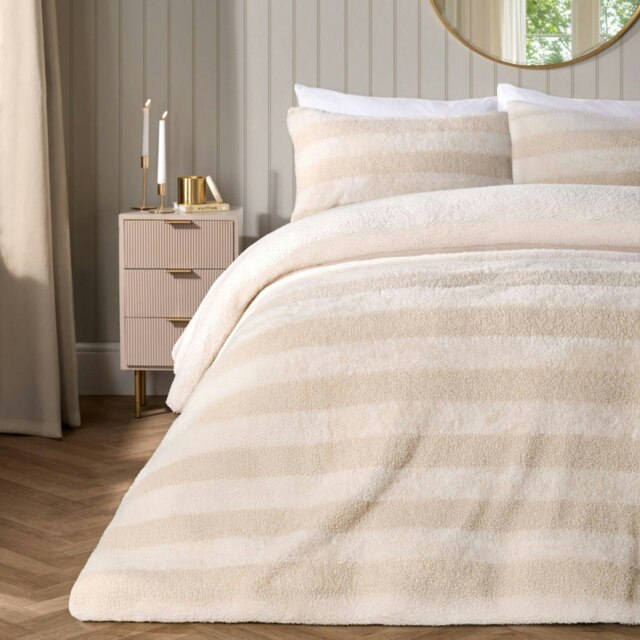 OHS Tufted Boucle Stripe Fleece Duvet Cover Set - Natural Cream Cream Single