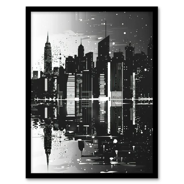 Metropolis Cityscape Reflection White Living Room Black Framed Wall Art Print A4