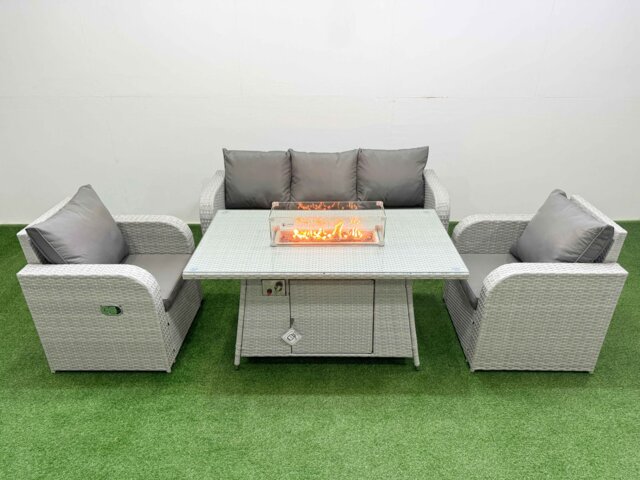 Fimous PE Rattan Garden Furniture Set Reclining Chair Sofa Lounge Sofa Set Firepit Dining Table Light Grey