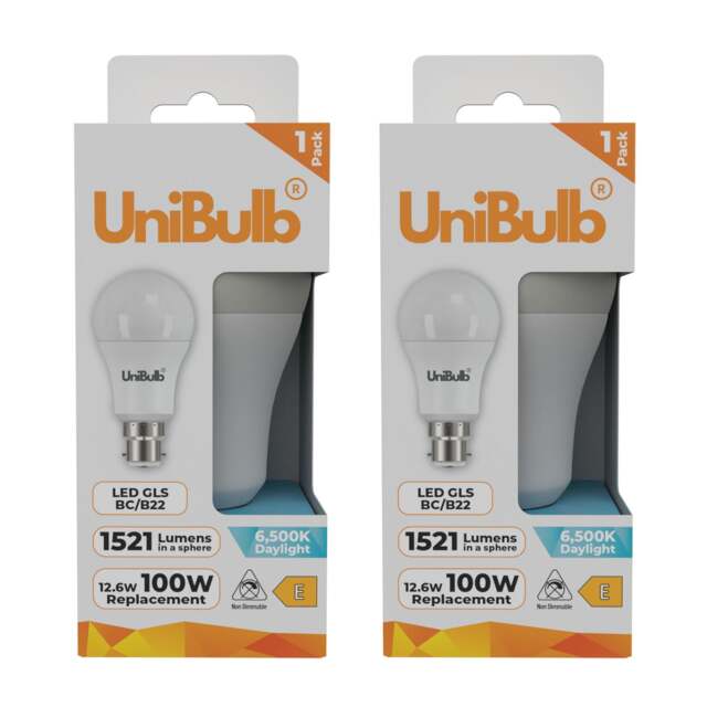 UniBulb LED GLS B22 Bayonet Cap (BC) 1521lm 12.6W (Replaces 100W) 6500K (Daylight) Light Bulb - Pack of 2