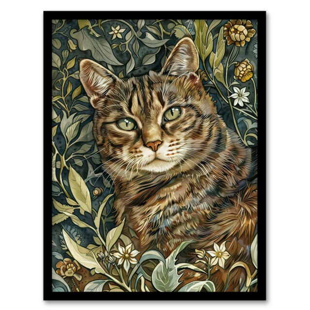 Cat Lover Moggie Pet Hiding in Wildflower Field Black Framed Wall Art Print A4