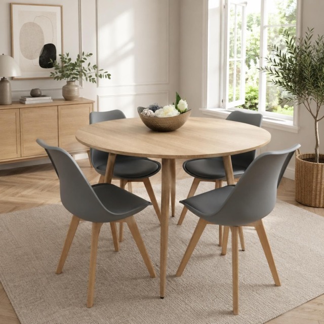 Modern Round Dining Table Set With 4 Grey Plastic Chairs Dining Room Furniture