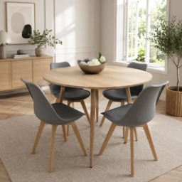 Modern Round Dining Table Set With 4 Grey Plastic Chairs Dining Room Furniture