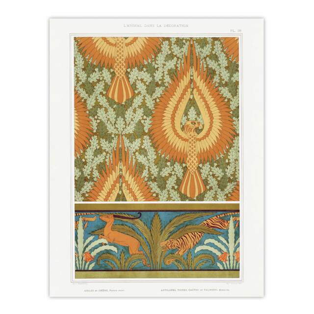 "Eagle Antelope and Tiger Patterns Vintage Wall Art Print Verneuil 24x32"""