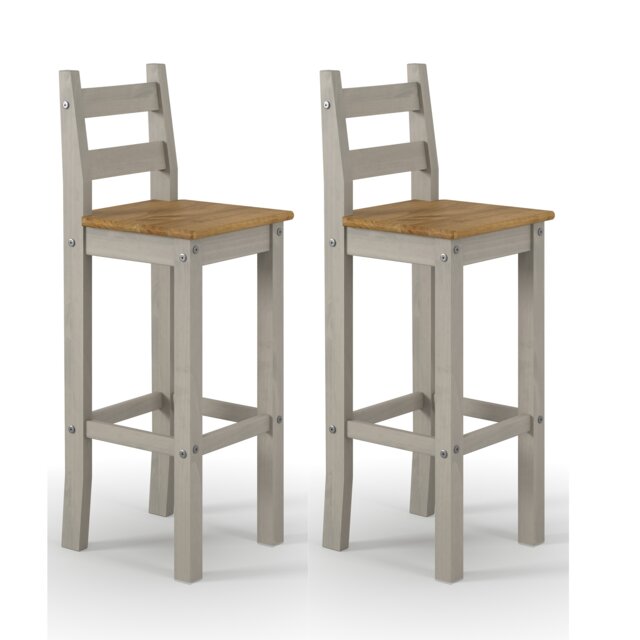 Pair of Corona Grey Wax High Breakfast Bar Chairs – Rustic Solid Wood Farmhouse Seating Grey Grey 1