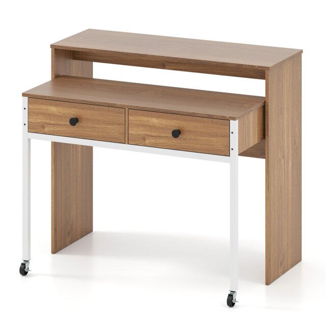 COSTWAY Extendable Computer Desk with 2 Drawers Yellow