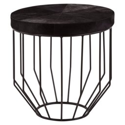 Orsina Black Leather Top Round Side Table, Hair On Hide Leather With Iron Wire Frame, Boutique Style Accent Table