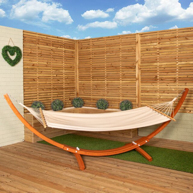 3.10m x 1.2m Palermo Freestanding Garden Hammock with Larch Wood Arc Stand in Cream Multi Cream / Brown