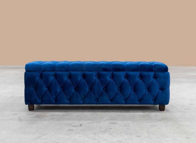 90cm Riga Ottoman Storage Box with Wooden Legs, Sapphire Blue Velvet Upholstered Chesterfield Storage Ottoman Box
