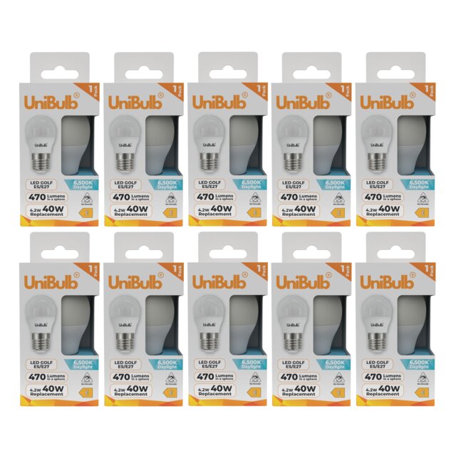 UniBulb LED Golf Ball E27 Edison Screw (ES) 470lm 4.2W (Replaces 40W) 6500K (Daylight) Light Bulb - Pack of 10 White Daylight 10
