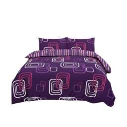 Duvet Cover And Pillowcase Set Geometric Square Design Polycotton Bed Linen Purple Double