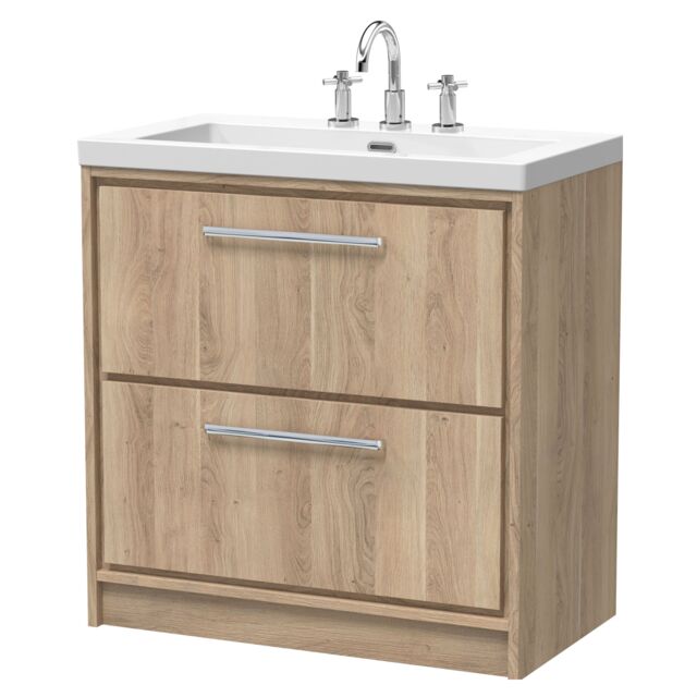 Balterley Longnor 2 Drawer Floor Standing Vanity Unit with 3 Tap Hole Modern Fireclay Basin, Light Oak, 800mm