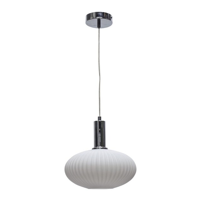 Baton - White Ribbed Oval Glass Chrome Deco Pendant Fitting