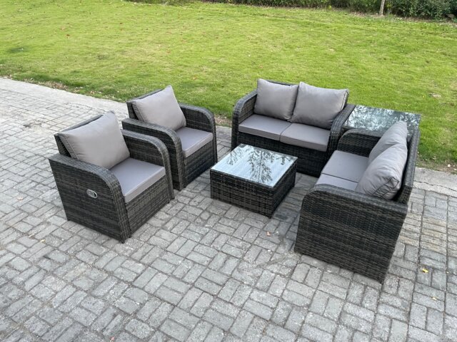 Fimous 6 Seater Rattan Sofa Set Outdoor Garden Furniture Set with Square Coffee Table Loveseat Sofa Reclining Chairs Side Table Dark Grey Mixed