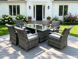 Fimous Rattan Garden Furniture Dining Set Table And Chairs Wicker Patio Outdoor 6 chairs plus black tempered glass rectangular table