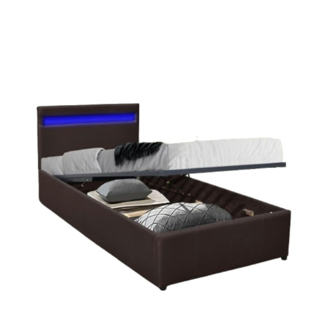 3ft Single Faux Leather Modern Gas Lift Ottoman Bed Frame With LED In Brown