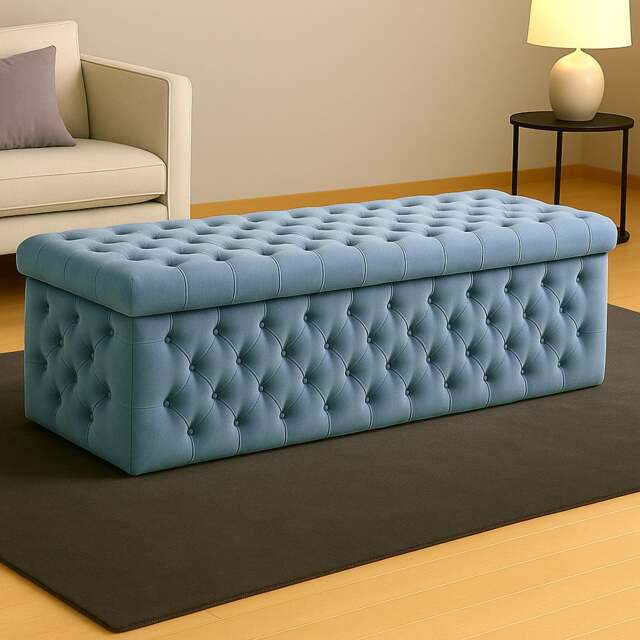 90cm Wide Lux Ottoman Storage Box, Duck Egg Velvet Upholstered Chesterfield Storage Ottoman Box