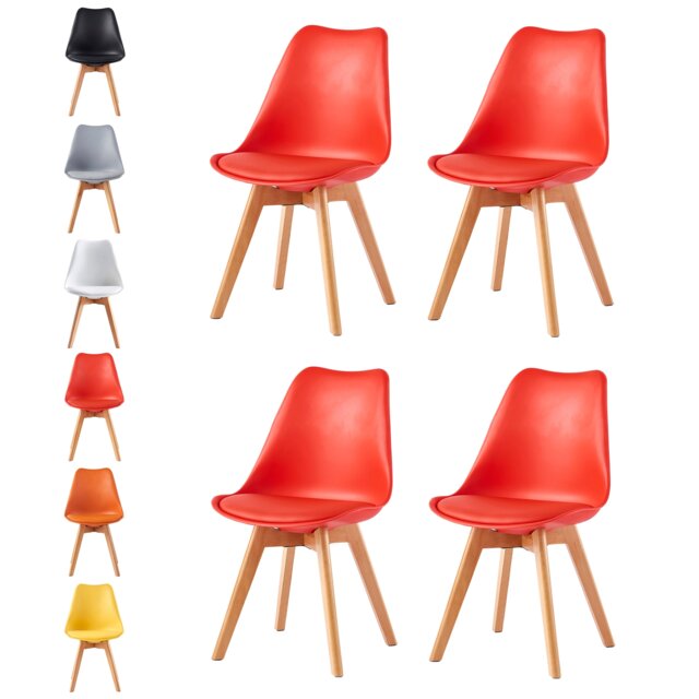Set of 4 Dining Chairs with Solid Wooden Legs and Seat Cushion Pads in Red - Eva by MCC