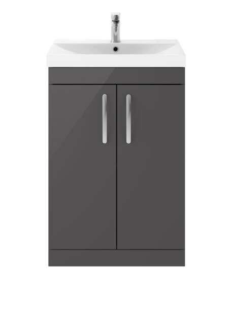 Balterley Millwich Contemporary 2 Door Floor Standing Vanity Unit with Thin Edge Basin, Gloss Grey, 600mm