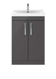 Balterley Millwich Contemporary 2 Door Floor Standing Vanity Unit with Thin Edge Basin, Gloss Grey, 600mm