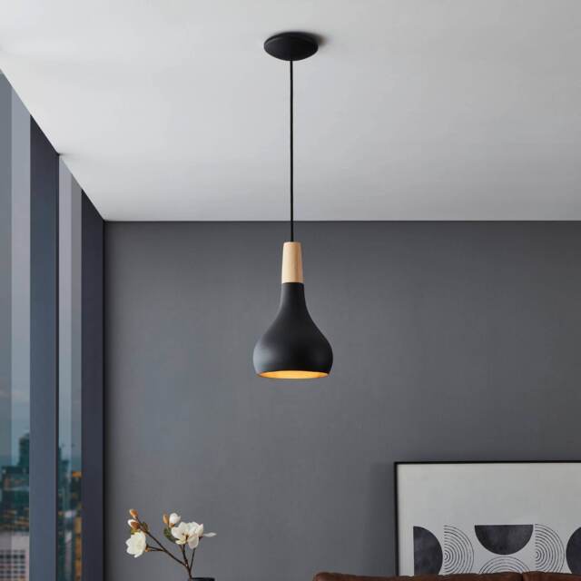 EGLO Sabinar Metal/Wood Black & Brown Single Pendant, 18cm