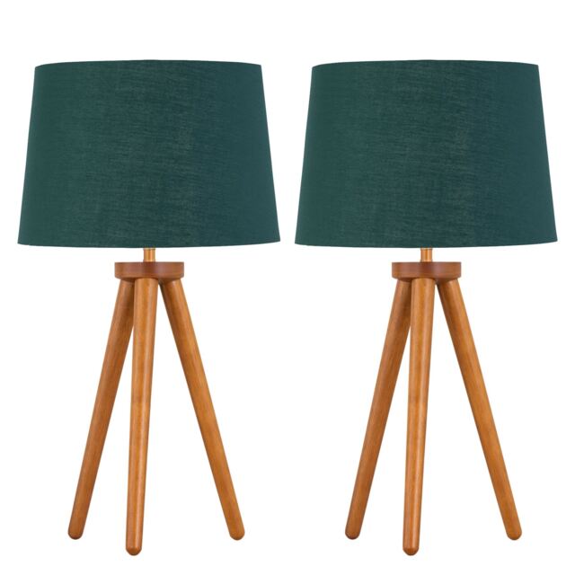 Set of 2 Dark Oak Table Lamp or Bedside Lights with Green Gold Shades Brown Green Large 2
