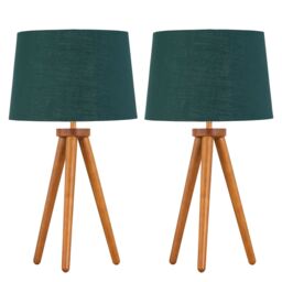 Set of 2 Dark Oak Table Lamp or Bedside Lights with Green Gold Shades Brown Green Large 2