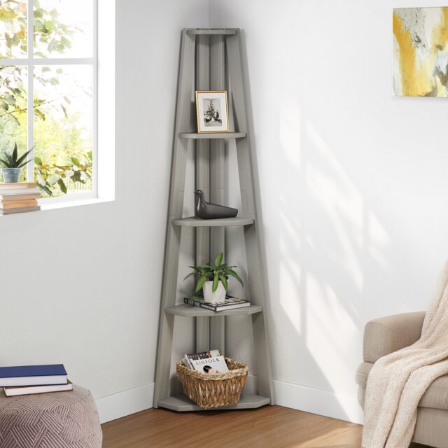 Mercers Furniture Corona Grey Wax Corner Ladder Bookcase Open Shelving Display Solid Wood Mexican Pine Wooden
