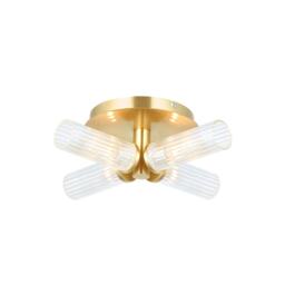 Talo Bathroom Multi Arm Glass Semi Flush Ceiling Lamp, Satin Brass Plate, Ribbed Glass, IP44