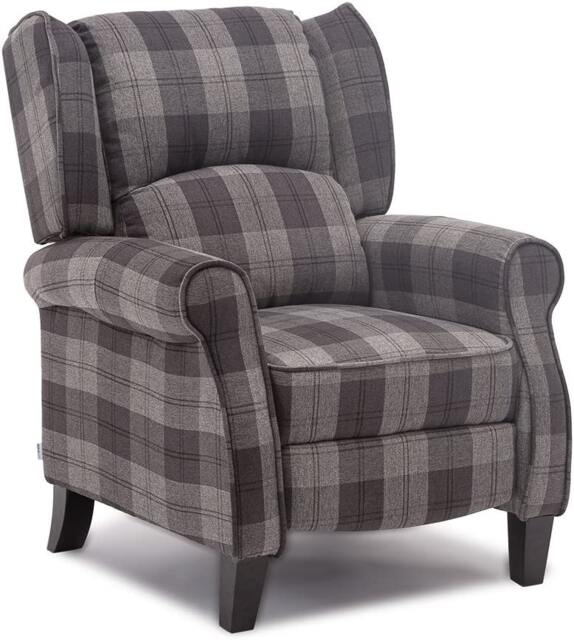 Windsor Wingback Signature Linen Tweed Pushback Recliner Armchair Grey Grey