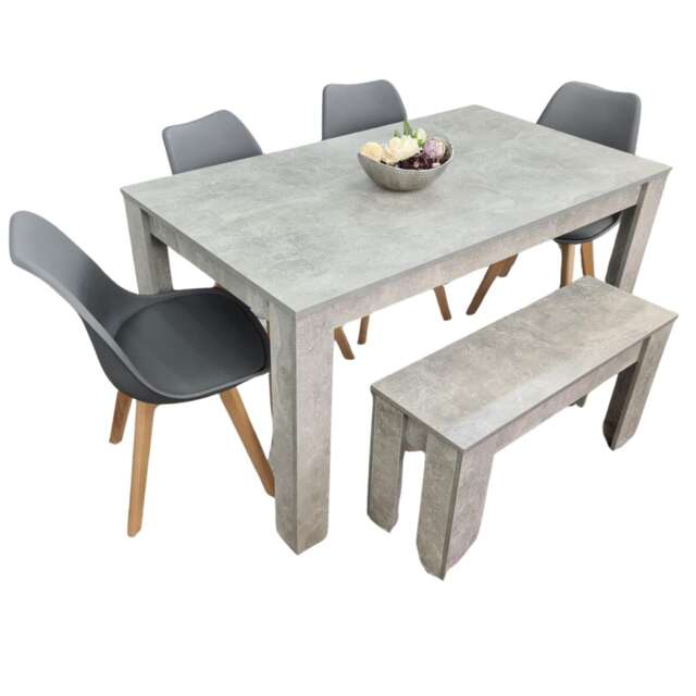 Stone Grey Effect Wood Dining Table Set with Bench and 4 Grey Plastic Chairs Modern Dining Room Furniture