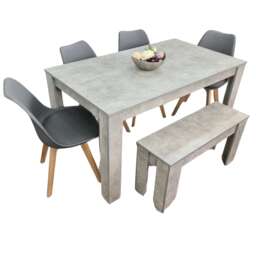 Stone Grey Effect Wood Dining Table Set with Bench and 4 Grey Plastic Chairs Modern Dining Room Furniture