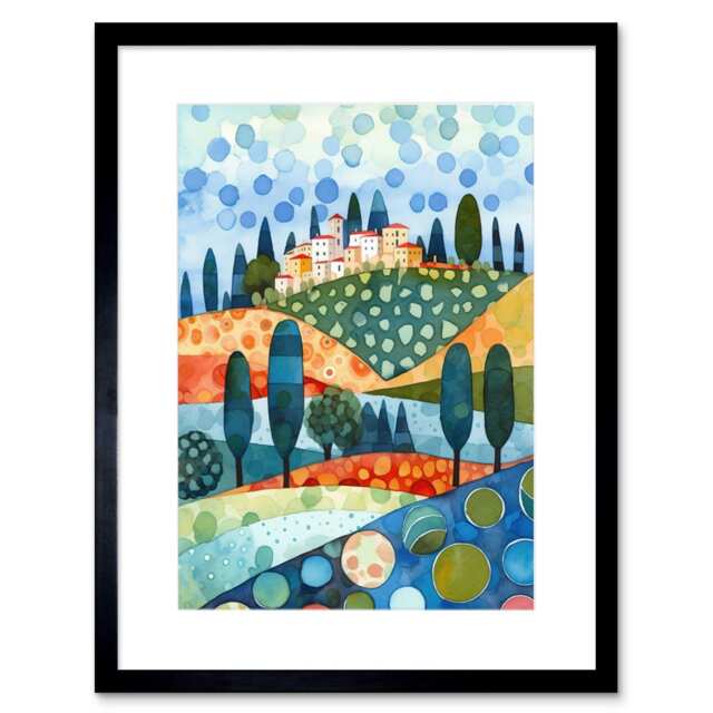 "Italian Abstract Landscape Folk Art 9x7"" Black Framed Wall Art Print"