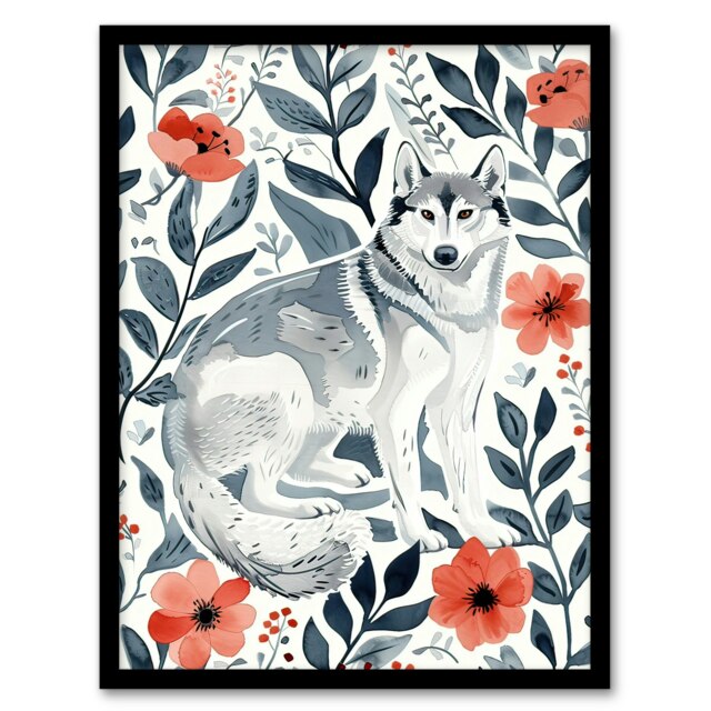 Siberian Husky in Poppy Flower Pattern Dog Lover Black Framed Wall Art Print A4
