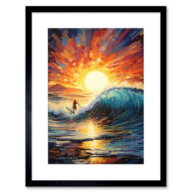 "Sunset Surf Waves Surfing Vibrant 9x7"" Black Framed Wall Art Print"