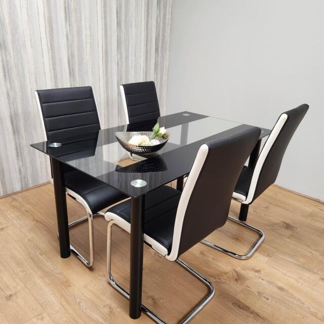 Dining Table and 4 Chairs Black Clear Glass 4 Leather Black White Chairs Dining Room Furniture