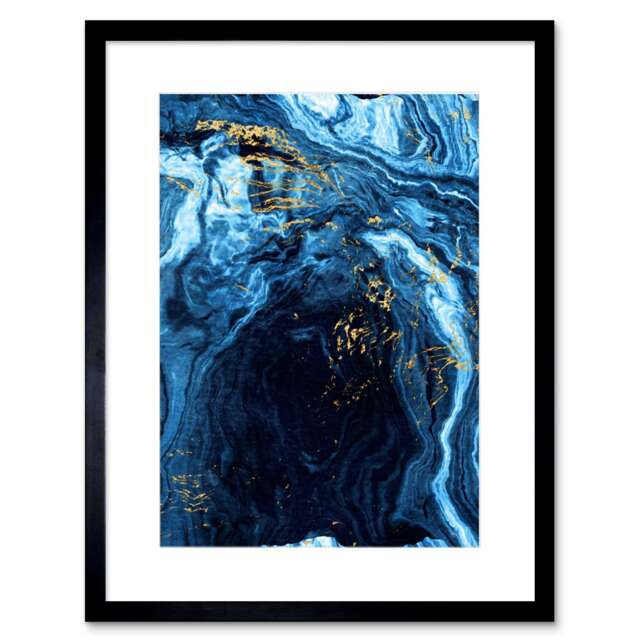 "Abstract Cave Dark Blue Gold Fluid Paint 9x7"" Black Framed Wall Art Print"