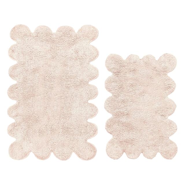 Two Piece Scallop Bath Mat Set - 100% Cotton Scalloped Rugs Pink Blush 2