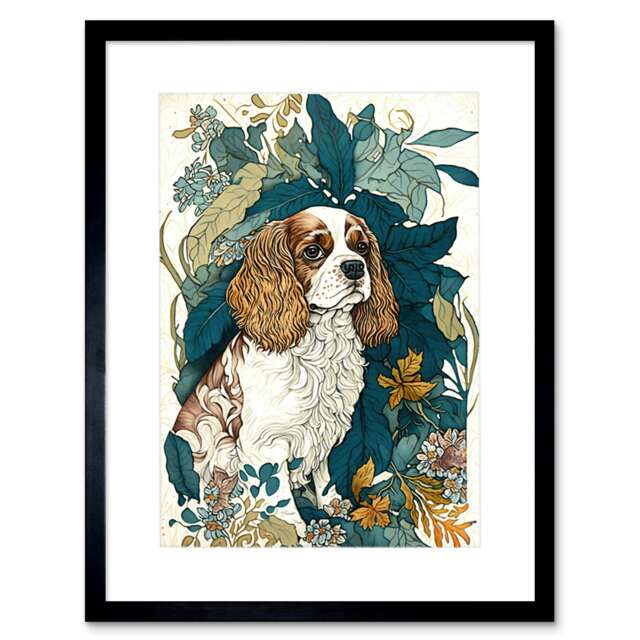 "King Charles Spaniel Dog Leafy Plants Modern 9x7"" Black Framed Wall Art Print"