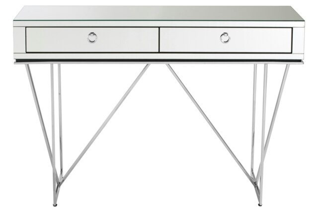 Orsina Glamorous Console Table With 2 Spacious Drawers, Storage Table With Mirrored Glass Top, Silver Lounge Table