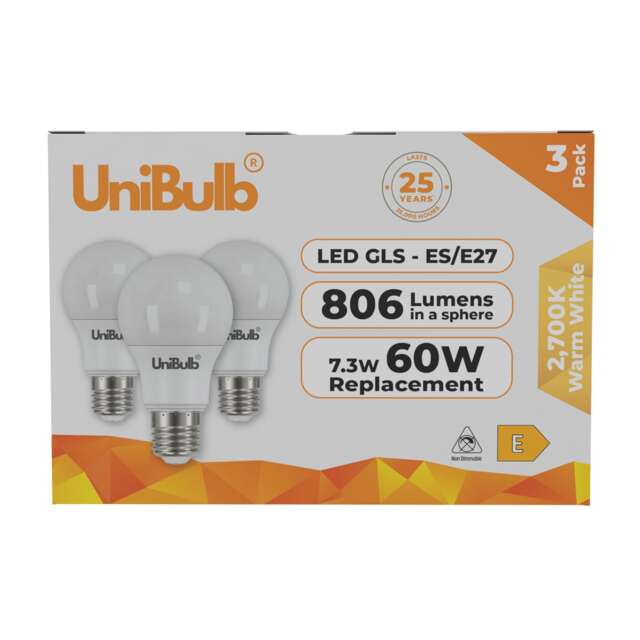 UniBulb LED GLS E27 Edison Screw (ES) 806lm 7.3W (Replaces 60W) 2700K (Warm White) Light Bulb - Pack of 3 White Warm White 3