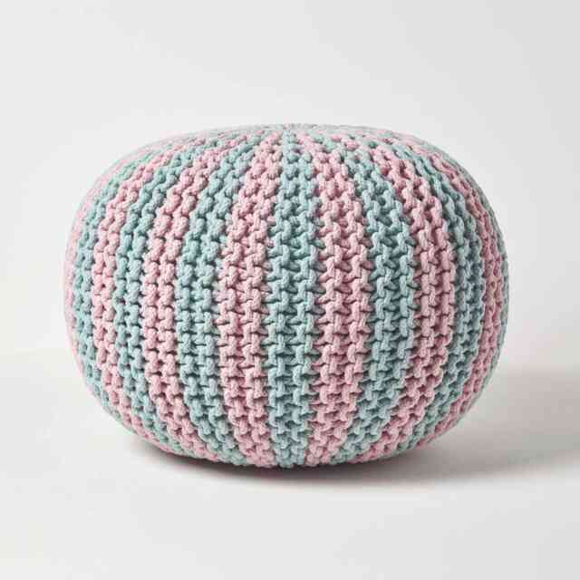 Homescapes Pink and Blue Knitted Pouffe Striped Footstool - 40 x 50 cm