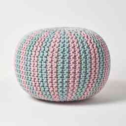Homescapes Pink and Blue Knitted Pouffe Striped Footstool - 40 x 50 cm