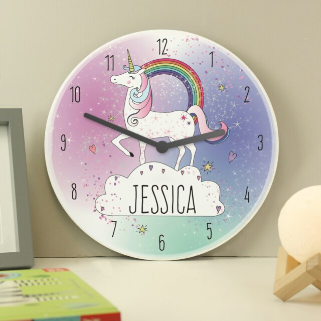 Personalised Unicorn Wooden Clock White